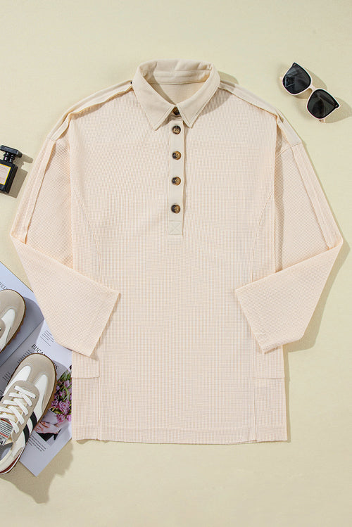 Pink Waffle Long Sleeve Collared Half Button Relaxed Fit Top