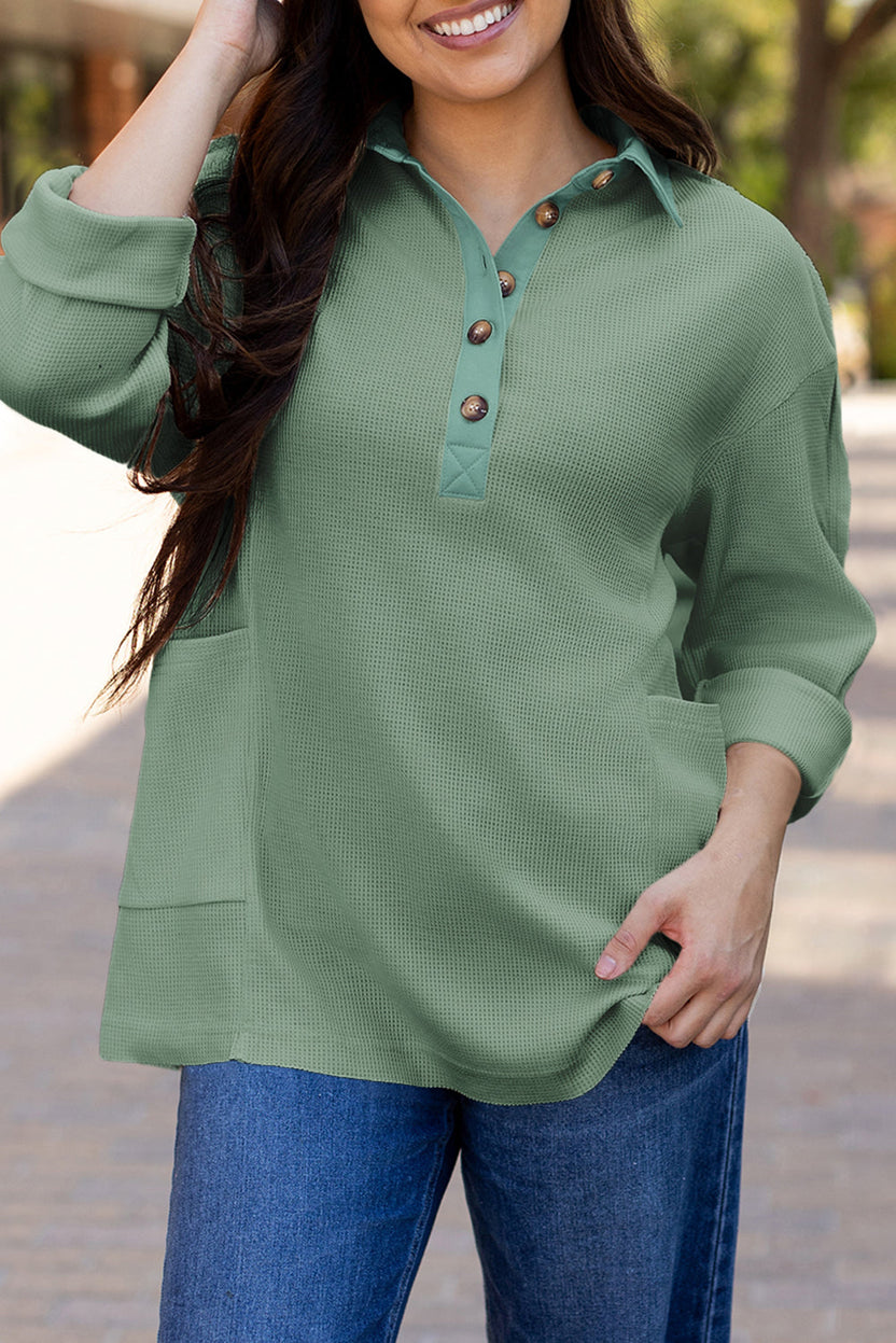 Pink Waffle Long Sleeve Collared Half Button Relaxed Fit Top