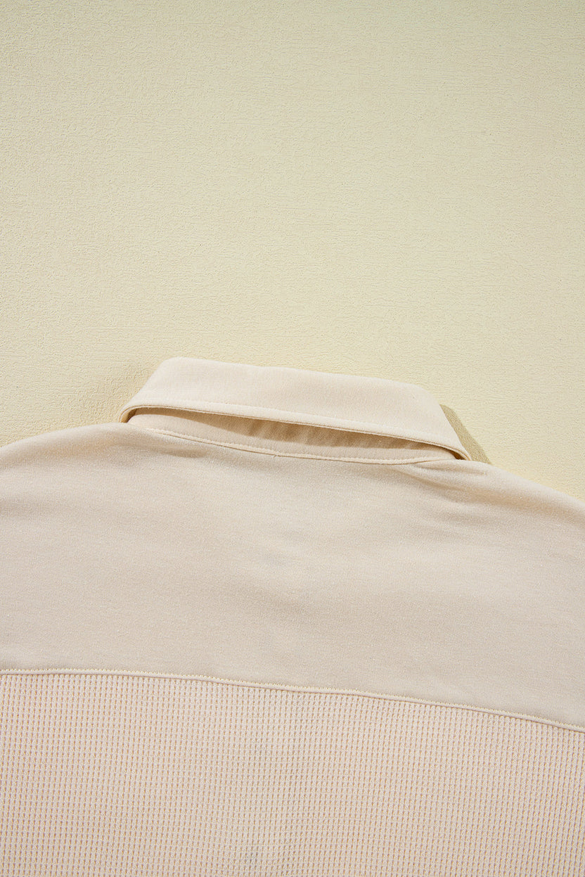 Pink Waffle Long Sleeve Collared Half Button Relaxed Fit Top