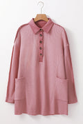 Pink Waffle Long Sleeve Collared Half Button Relaxed Fit Top