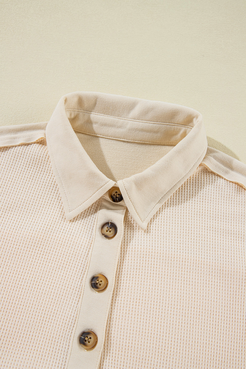 Pink Waffle Long Sleeve Collared Half Button Relaxed Fit Top