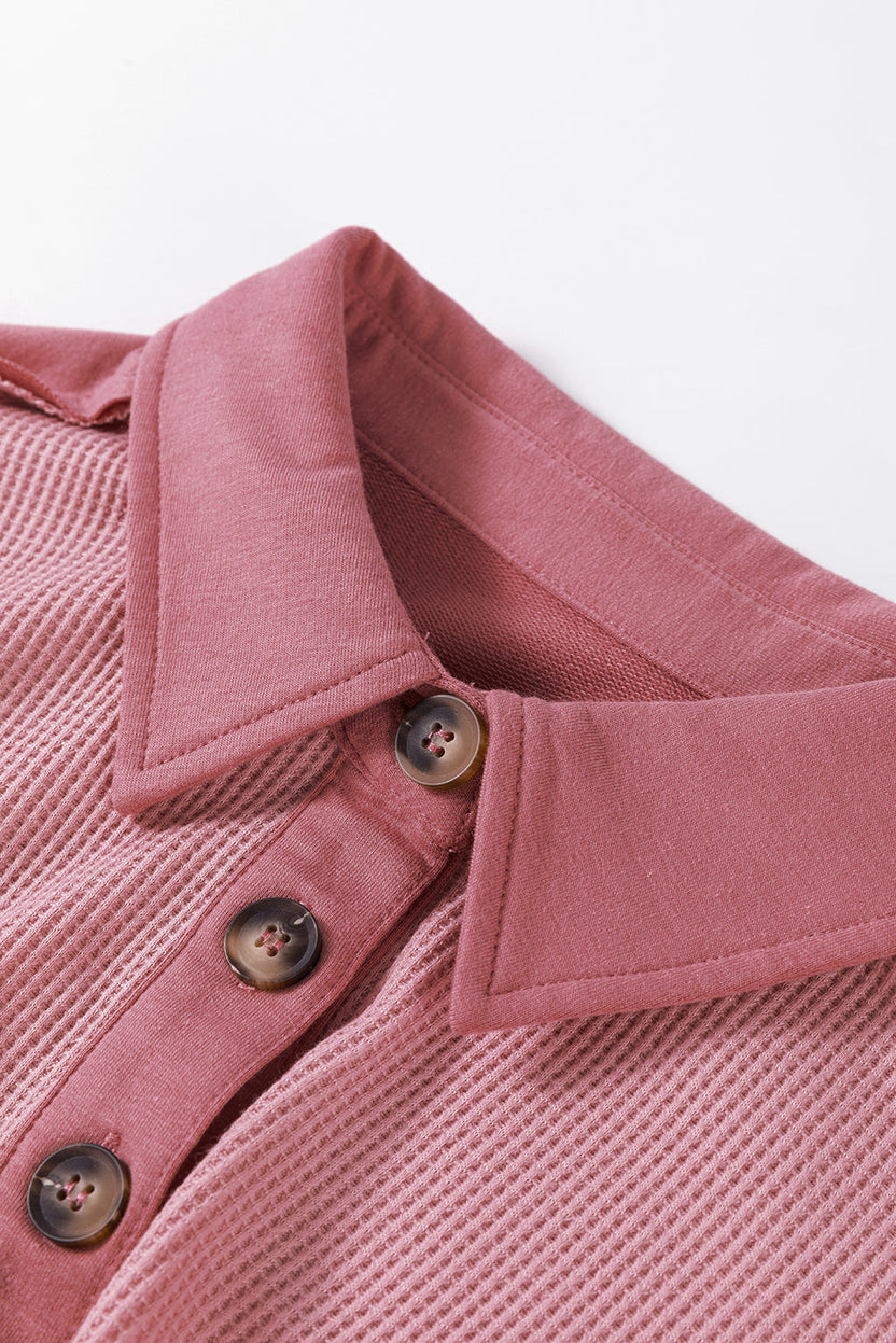 Pink Waffle Long Sleeve Collared Half Button Relaxed Fit Top